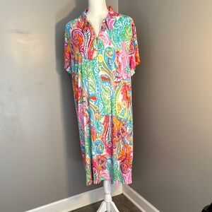 Pink and Yellow Resort Midi Dress with Polo Collar